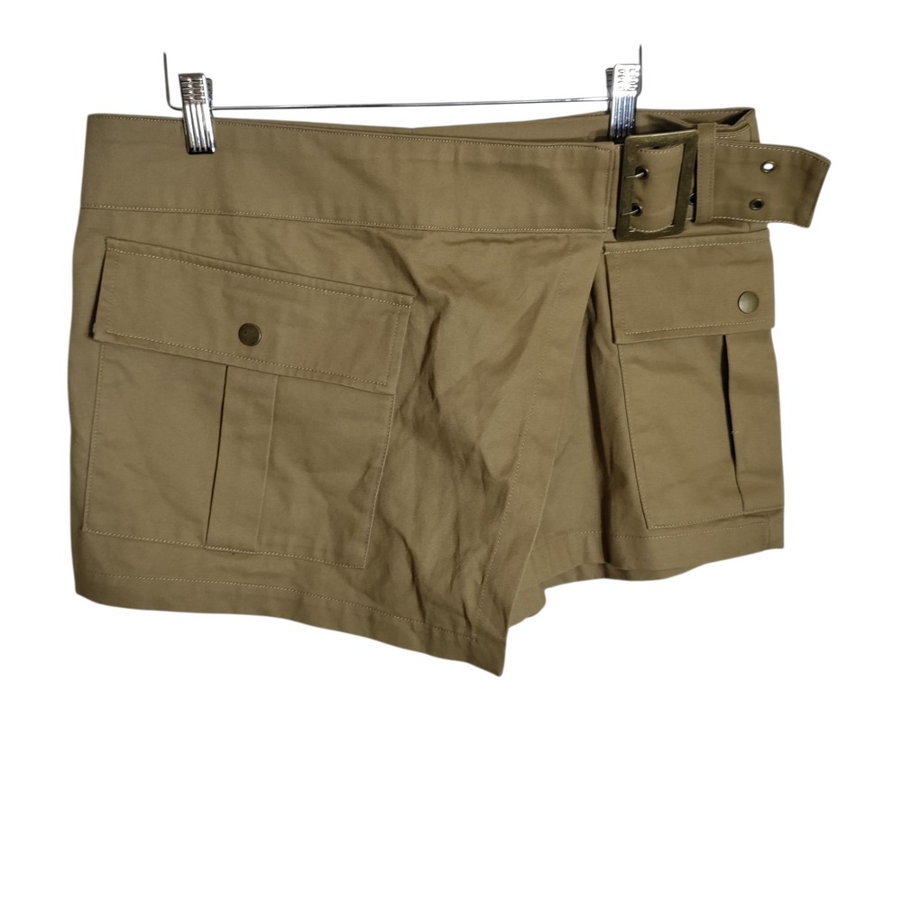 Zara Khaki Cotton Cargo Skort Buckle Wrap Front Tan Utility Shorts Womens Size L